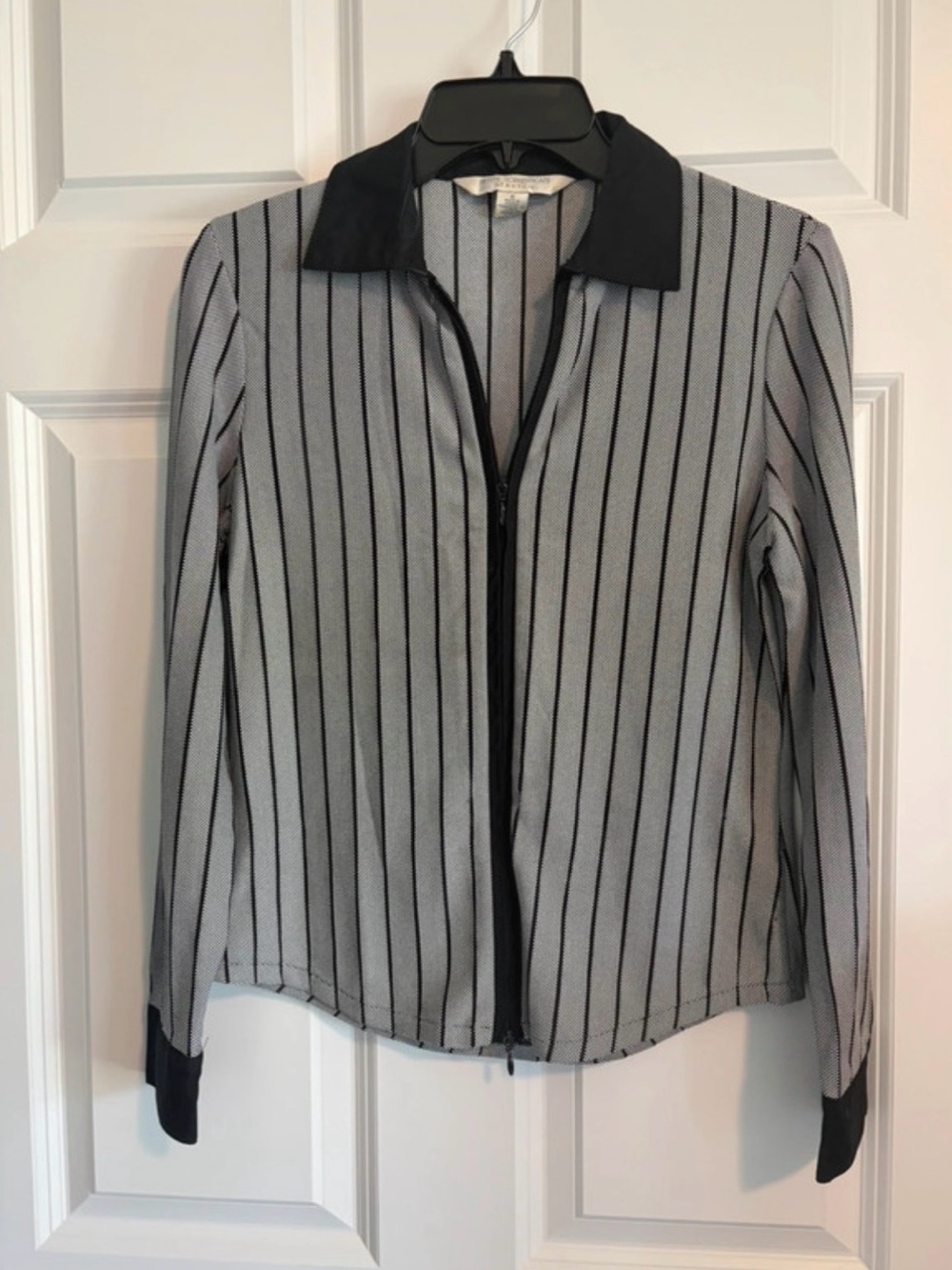 Petite Sophisticate Black & White Vertical-Striped Zip Shirt